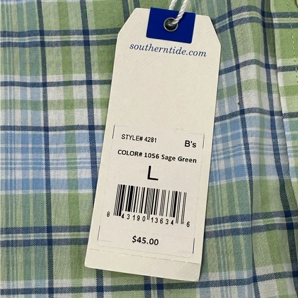 SOUTHERN TIDE Boy’s Surfscoter Blue and Green Plaid Sport Button Down Sz L
